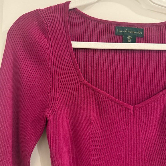 House of Harlow 1960 Ribbed Knit Luxe Essentials Long Sleeve Bodysuit-Magenta - Picture 4 of 8